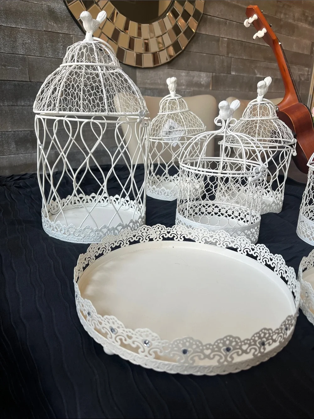 7-Piece White Shabby Chic Birdcage & Decorative Tray Set